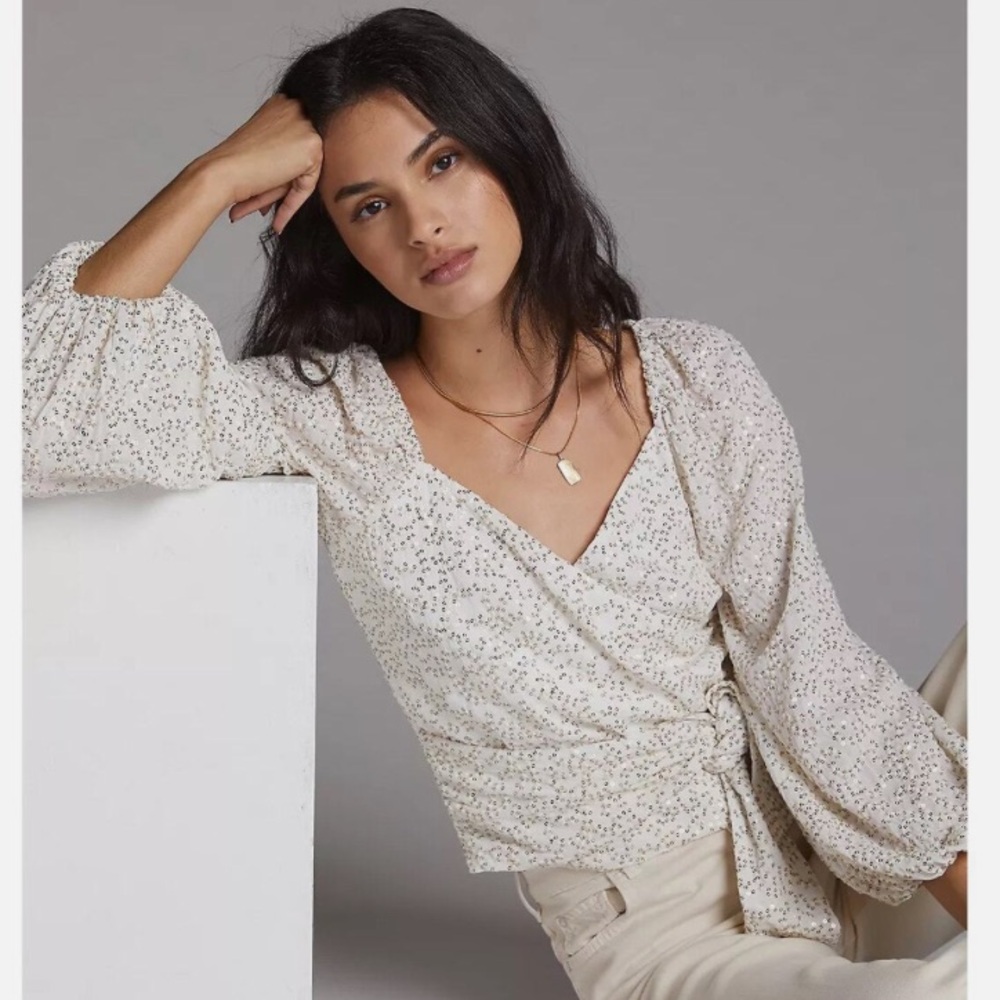 Anthropologie Surplice Tie Front Faux Wrap sequin blouse, S
